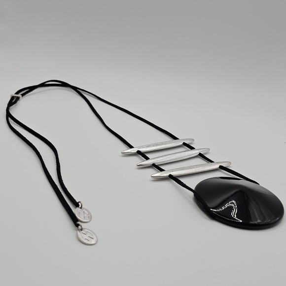 Marla Wynne HCN LG Stmt Necklace Black w/ Silver Metal Bars Fairy Goth Elegant - Picture 11 of 14